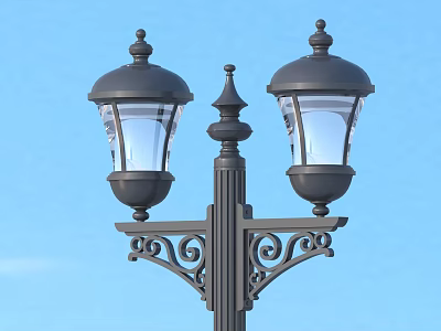 Double Head Outdoor Lamp With Black Pole Decorative Design Transparent Shade 3d model