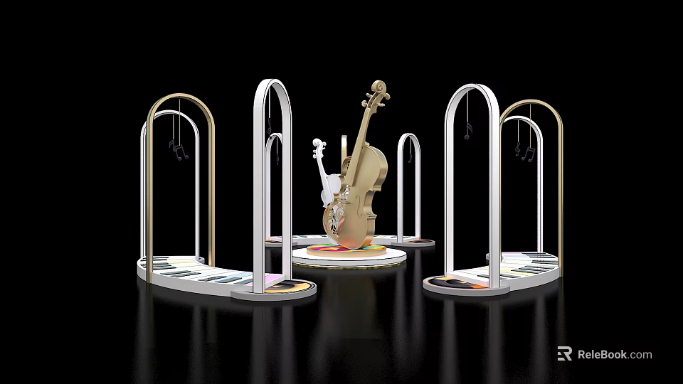 Elegant Cello Display With Arched Metallic Structures And Circular Platforms 3d model 
