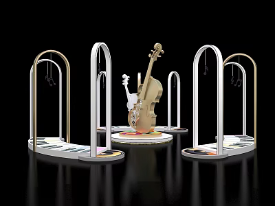Elegant Cello Display With Arched Metallic Structures And Circular Platforms 3d model