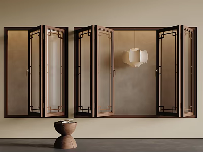 Elegant Carved Lattice Windows Interior Design With Wooden Frame And Hanging Lantern 3d model