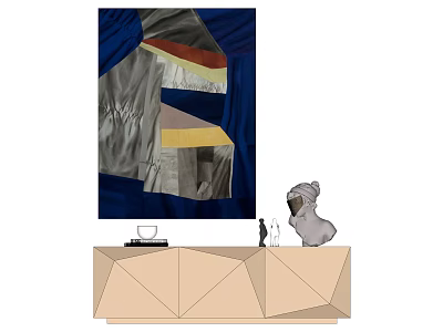Abstract Artwork On Blue Wall Above Geometric Wooden Console With Sculpture 3d model