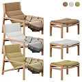 Cozy Lounge Chair with Wooden Frame Beige Cushion and Tasseled Blanket Ottoman