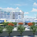 Modern Office Building Complex With Green Roof Surrounding Trees And Parking Area