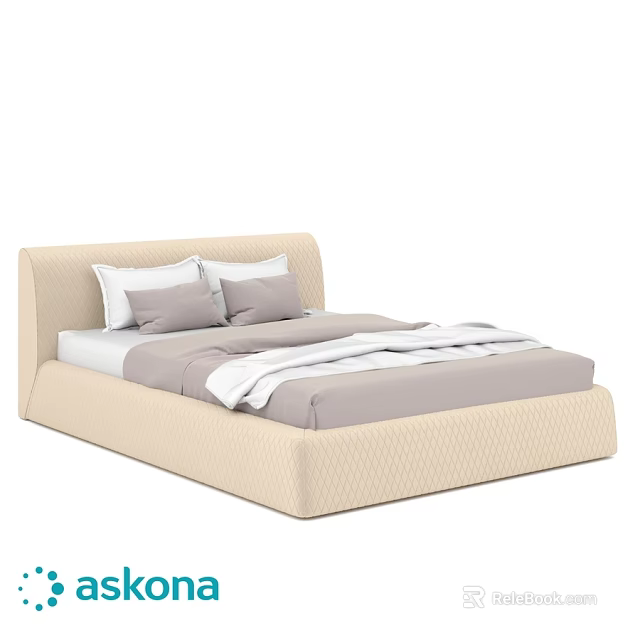 Modern Double Bed With Beige Upholstered Headboard And Gray Bedding 3d model 