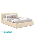 Modern Double Bed With Beige Upholstered Headboard And Gray Bedding