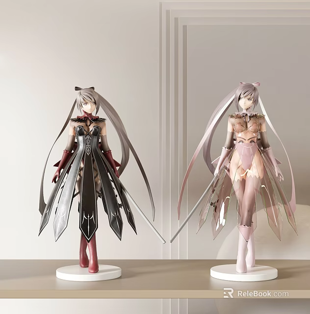 Two Collectible Anime Figures With Black Pink Costumes Long Hair And Display Stands 3d model 