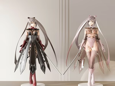 Two Collectible Anime Figures With Black Pink Costumes Long Hair And Display Stands 3d model