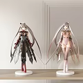 Two Collectible Anime Figures With Black Pink Costumes Long Hair And Display Stands