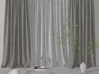 Gray Pleated Curtains With Sheer Layers And Green Plant In White Vase And Decorative Books 3d model
