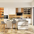 Modern Kitchen Interior With White Cabinets Island Counter And Light Wood Bar Stools