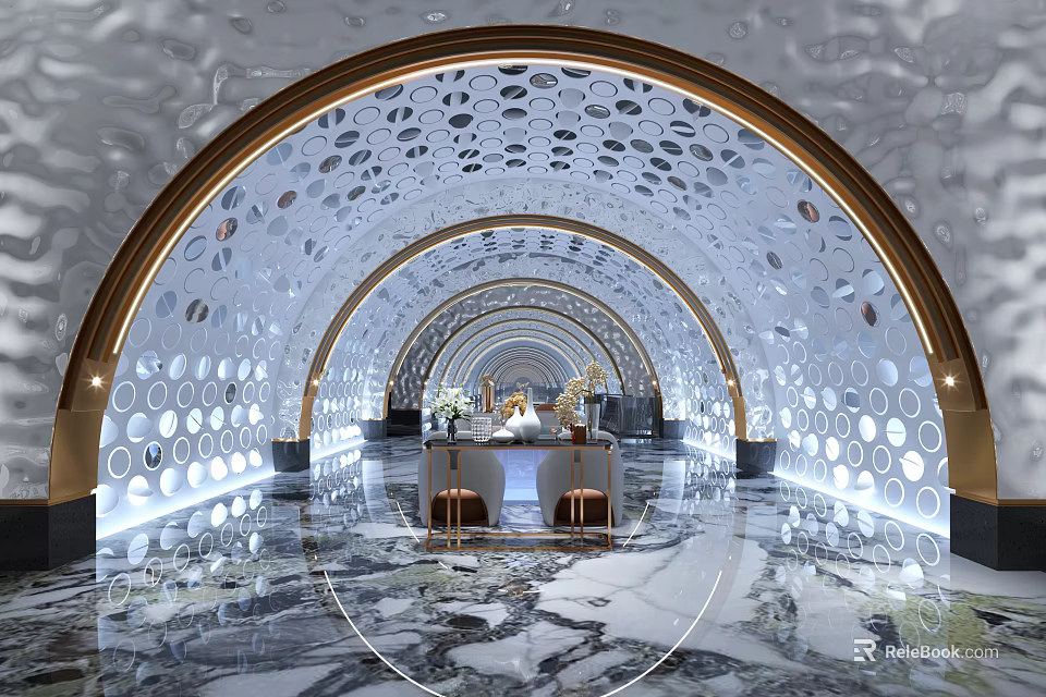 Luxurious Hotel Lobby Interior With Arched Structure Circular Wall Patterns And Marble Flooring 3d model