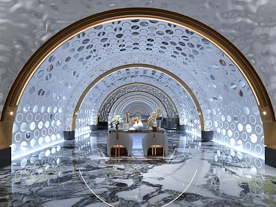 Luxurious Hotel Lobby Interior With Arched Structure Circular Wall Patterns And Marble Flooring 3d model