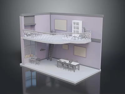 Minimalist Indoor Model Scene With Balcony Railing Staircase Dining Table And Light Purple Walls 3d model
