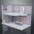 Minimalist Indoor Model Scene With Balcony Railing Staircase Dining Table And Light Purple Walls
