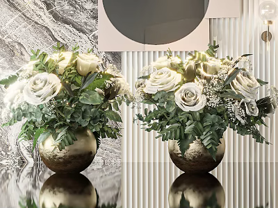 Golden Vase with White Roses and Green Leaves in Modern Reflective Home Decor Setting 3d model