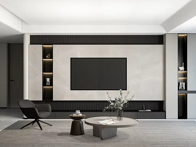 Modern Living Room TV Background Wall Design With Marble Panels And Built-in Shelves 3d model