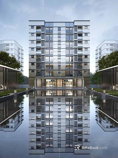 Modern High Rise Residential Building With Glass Facade Water Pool Reflection And Trees 3d model 