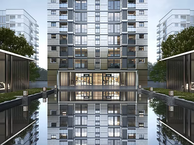 Modern High Rise Residential Building With Glass Facade Water Pool Reflection And Trees 3d model