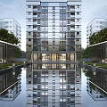 Modern High Rise Residential Building With Glass Facade Water Pool Reflection And Trees
