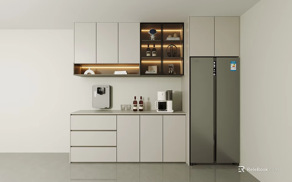 Modern Minimalist Light Gray Sideboard With LED Glass Display Cabinets For Organized Home Kitchen Storage 3d model 