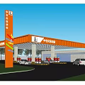 Orange Roof Refueling Gas Station With Vehicles Trees And Grass Area