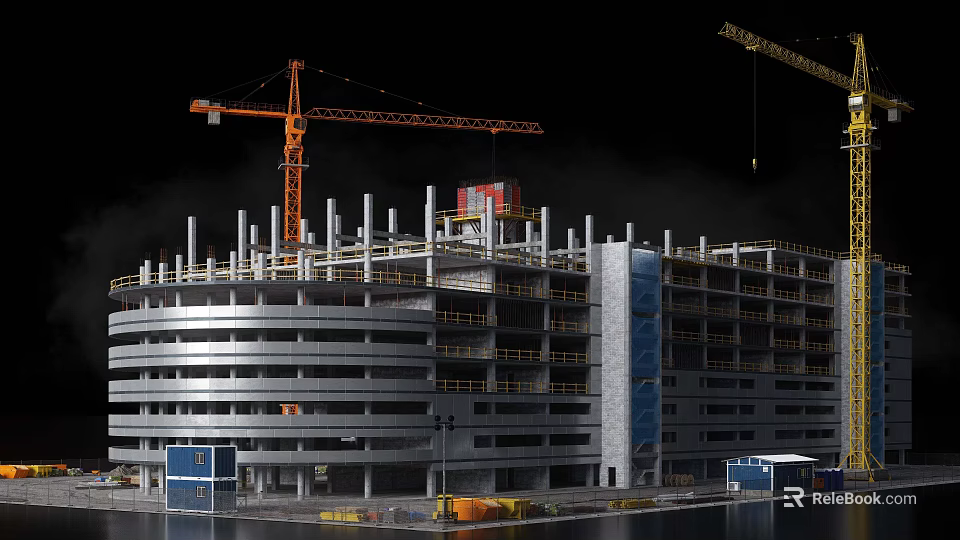 Construction Site Featuring Tower Crane Structural Columns And Multi Storey Building Under Construction 3d model 