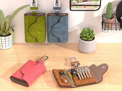 Stylish Jewelry Storage Cases In Green Blue Pink Leather With Decorative Plants 3d model