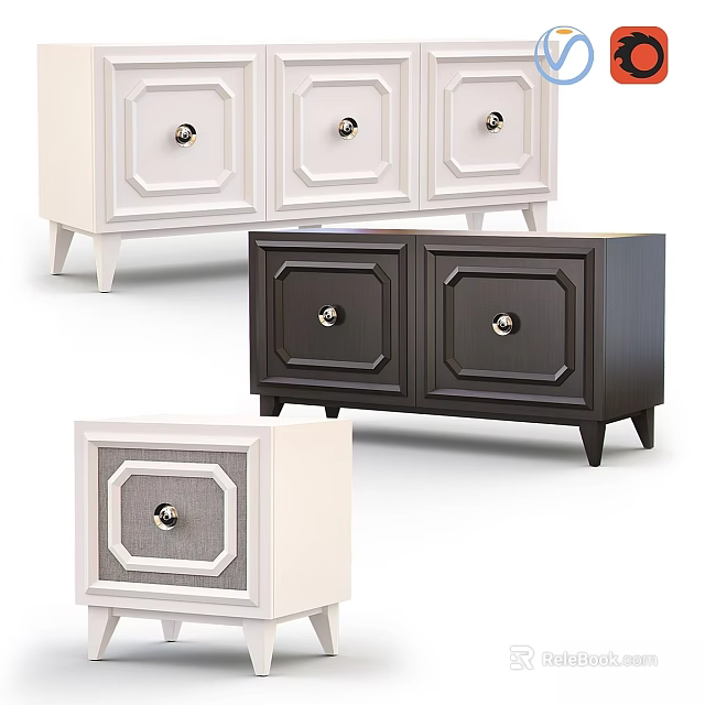White and Dark Wood Dressers with Decorative Paneled Drawers Round Metal Knobs and Various Sizes 3d model 