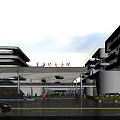 Modern Hospital Building Exterior Design with Glass Facade Entrance Parking Lot and Pedestrians