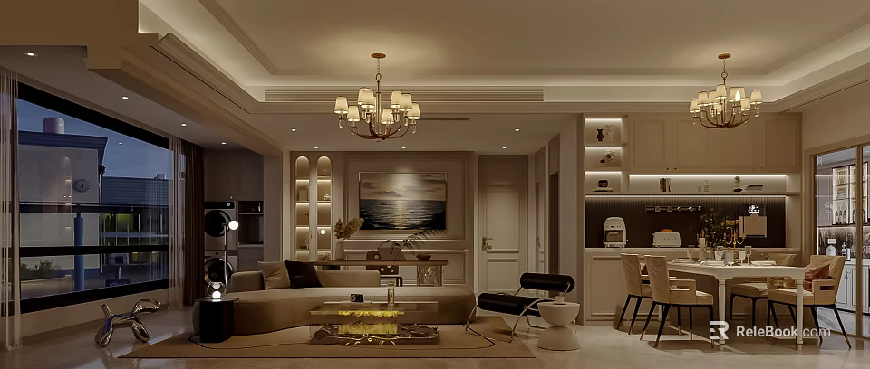 Elegant Cozy Open Living And Dining Room With Luxury Chandelier And Custom Storage Interior Design 3d model 