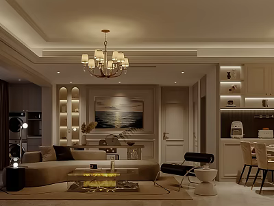 Elegant Cozy Open Living And Dining Room With Luxury Chandelier And Custom Storage Interior Design 3d model