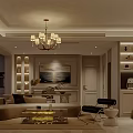 Elegant Cozy Open Living And Dining Room With Luxury Chandelier And Custom Storage Interior Design