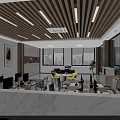 Modern Public Office Area With Marble Reception Desk Open Layout Wooden Strip Ceiling And Windows