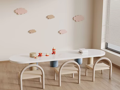 Wooden Kids Chairs In Children's Play Area With White Oval Table Cloud Wall Decorations And Toys 3d model