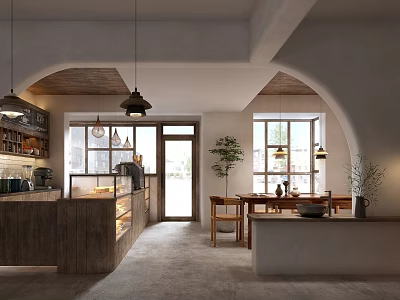 Modern Café Interior Design With Wooden Counter Hanging Lights Windows And Green Plants 3d model