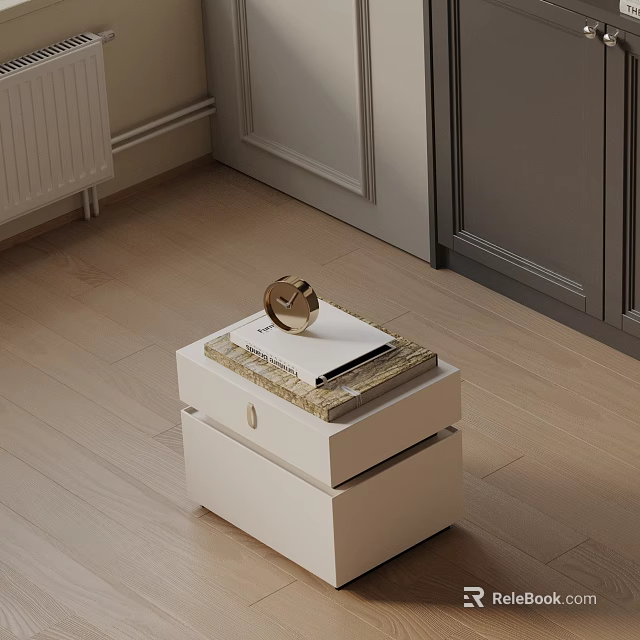 Modern White Bedside Table With Gold Decor And Stacked Books On Drawer 3d model 