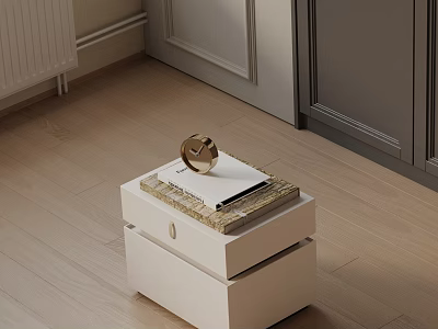 Modern White Bedside Table With Gold Decor And Stacked Books On Drawer 3d model