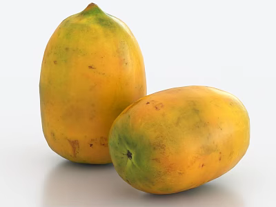 Two Fresh Ripe Yellow Green Papaya Fruits With Spots On White Background 3d model