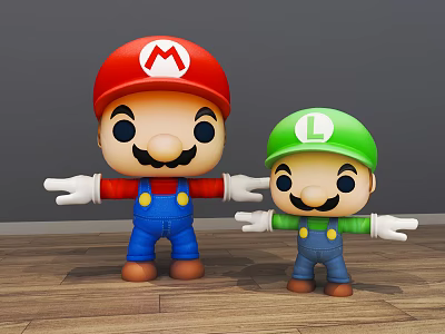 Super Mario Plush Toys with Red Green Hats and Blue Overalls Standing on Wooden Floor 3d model