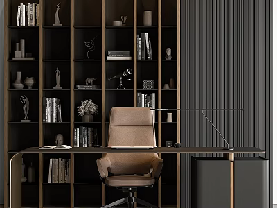 Modern Home Office Desk And Chair Set With Dark Bookshelves Books Sculptures And Vases 3d model