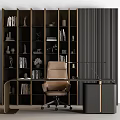 Modern Home Office Desk And Chair Set With Dark Bookshelves Books Sculptures And Vases