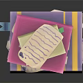 Stack of Books and Magazines with Purple Pink Covers Yellow Bands and Stacked Papers