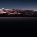 Mythical Creature With Red White Textured Mountainous Back Against Dark Sky And Black Ground