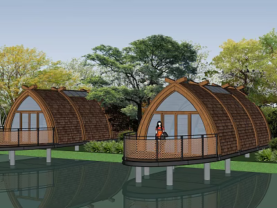 Waterfront Hotel Building With Semicircular Wooden Roof And Balcony Surrounded By Trees 3d model