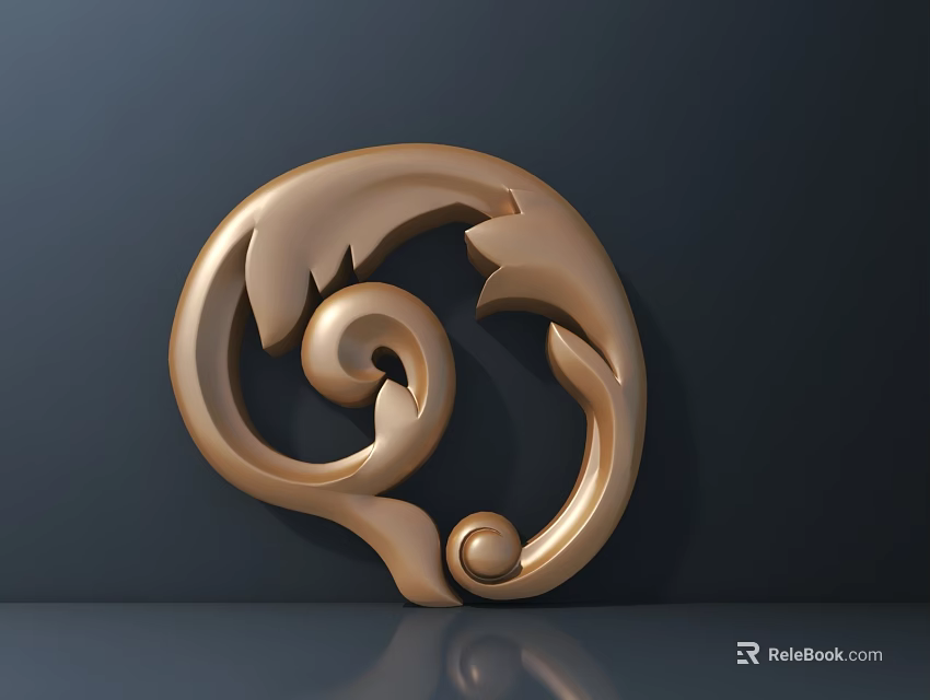 Detailed Shiny Golden Carved Spiral Leaf Ornament On Dark Background 3d model 