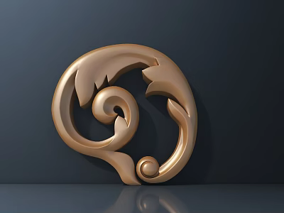 Detailed Shiny Golden Carved Spiral Leaf Ornament On Dark Background 3d model