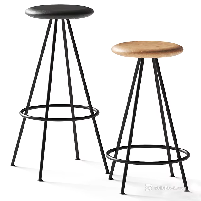 Modern Bar Stools With Black Metal Frame Wooden Seat And Round Footrest Design 3d model 