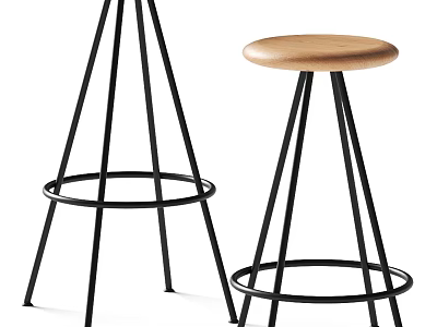 Modern Bar Stools With Black Metal Frame Wooden Seat And Round Footrest Design 3d model