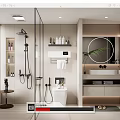 Modern Bathroom Interior Design With Glass Shower Vanity Round Mirror And Cabinets