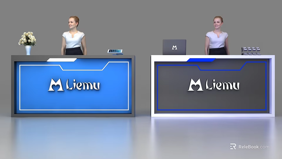 Modern Jiemu Reception Desks With Blue Gray Design And Staff And Devices 3d model 